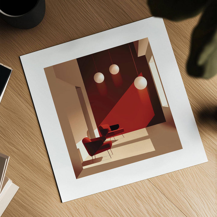 Art for Office Walls print showing a mid-century modern interior with red chairs and spherical lights on a wooden desk