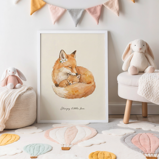 Gentle Sleepy Fox Art Print featuring curled fox pair and handwritten caption below