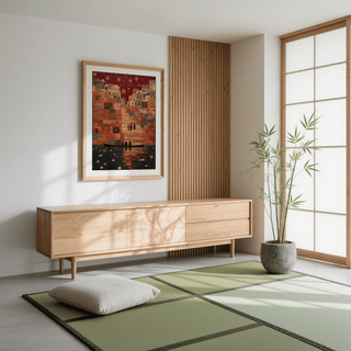Wall art print featuring a broad staircase descending toward the riverbank