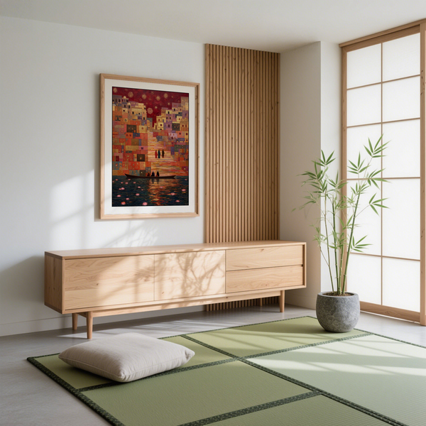 Wall art print featuring a broad staircase descending toward the riverbank