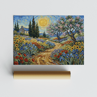 Sunlit sky in Floral Landscape Art Print with blue and yellow hues for lounge