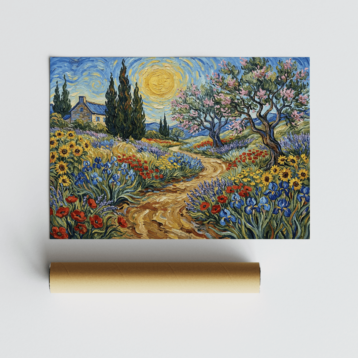 Sunlit sky in Floral Landscape Art Print with blue and yellow hues for lounge