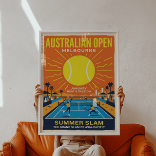 Bold Australian Open Melbourne wall art poster with large sun circle and radiating lines
