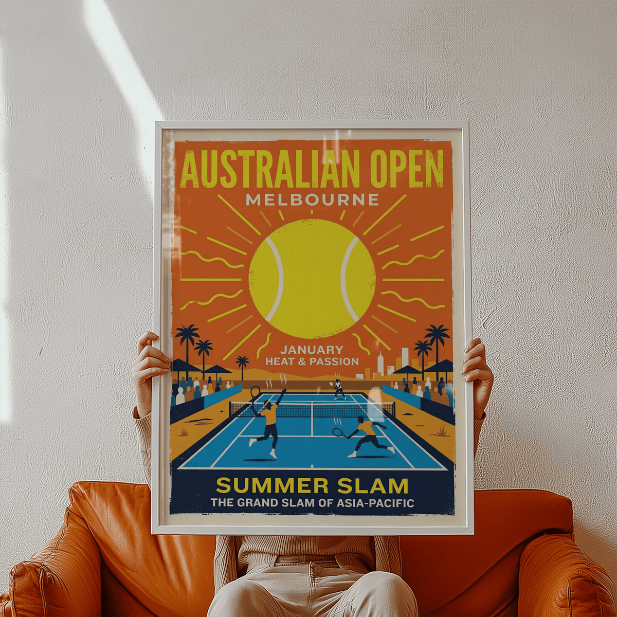 Bold Australian Open Melbourne wall art poster with large sun circle and radiating lines