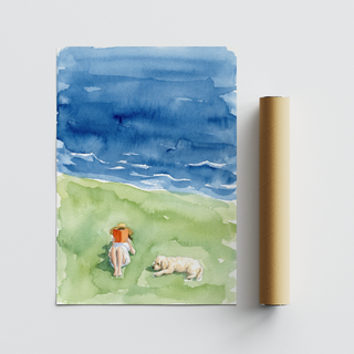 Room view wall decor featuring Reading by the Sea Art Print in Green and Blue with a reader, dog, and ocean bands