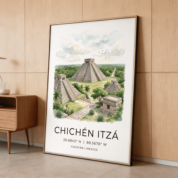 Landscape wall art print of Chichen Itza temple complex with stone path and palm trees