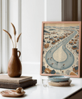 Winter Village Scene wall art with Beige and Blue hues for cozy reading corner