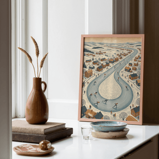 Winter Village Scene wall art with Beige and Blue hues for cozy reading corner