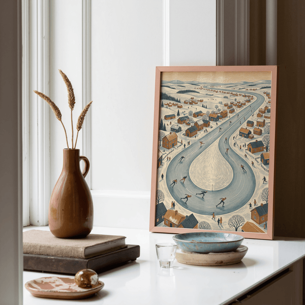 Winter Village Scene wall art with Beige and Blue hues for cozy reading corner