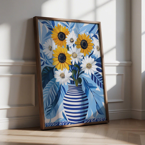 Art of Sunflowers print with golden sunflowers and white daisies in a striped vase.