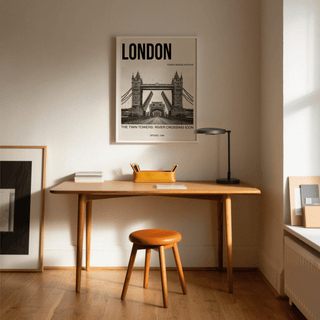Typographic travel poster print featuring Tower Bridge photo and headline text for London decor