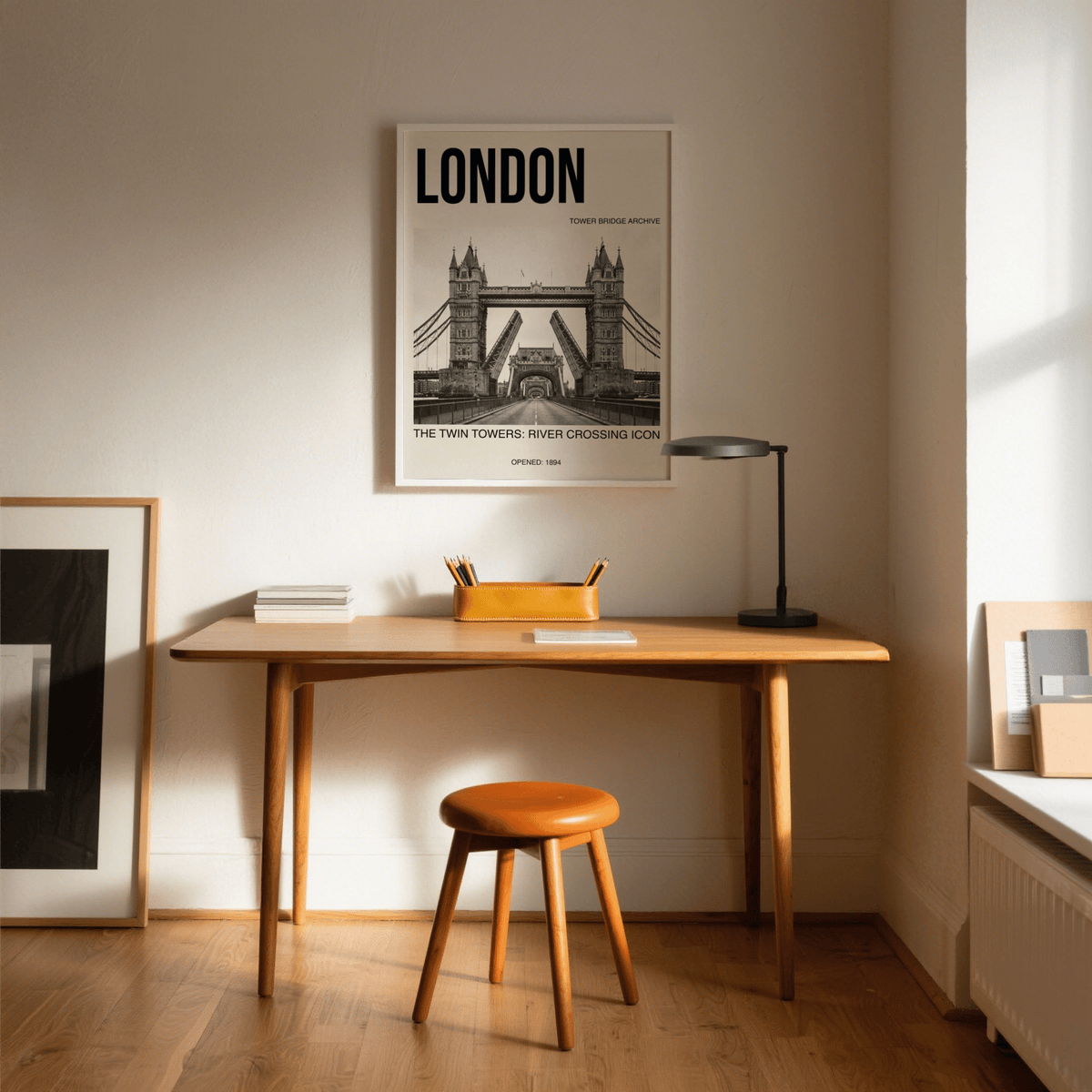 Typographic travel poster print featuring Tower Bridge photo and headline text for London decor