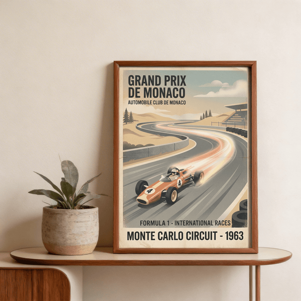 Formula 1 Racing Poster highlighting streamlined car, guardrails, and bold event text