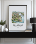 Travel wall art image of Belgrade skyline framed by clean white margins