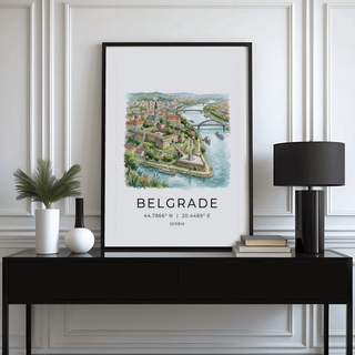 Travel wall art image of Belgrade skyline framed by clean white margins