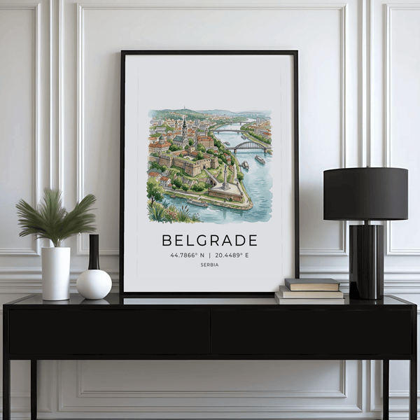 Travel wall art image of Belgrade skyline framed by clean white margins
