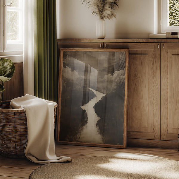 Sumi e art inspired by traditional ink wash with mountain silhouettes.