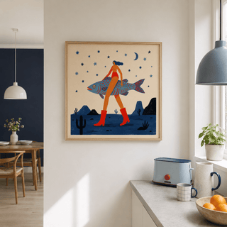 Graphic print wall art with giant fish, striped fins, and scattered star shapes in the sky