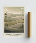Curved hillside golf wall art print with bunkers, flag marker, and soft gradient sky