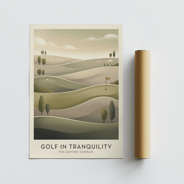 Curved hillside golf wall art print with bunkers, flag marker, and soft gradient sky