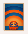 Daruma Doll Wall Art with orange and blue in a living room print