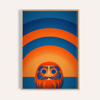 Daruma Doll wall art framed close-up showing bright orange and blue minimalist illustration
