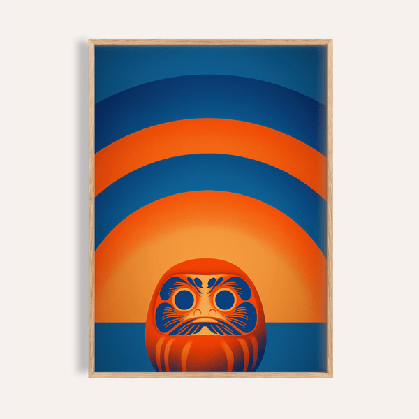 Daruma Doll Wall Art with orange and blue in a living room print