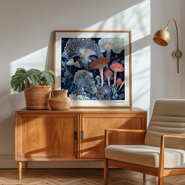 Abstract Japanese poster with white-dotted fungi in shades of blue and red.