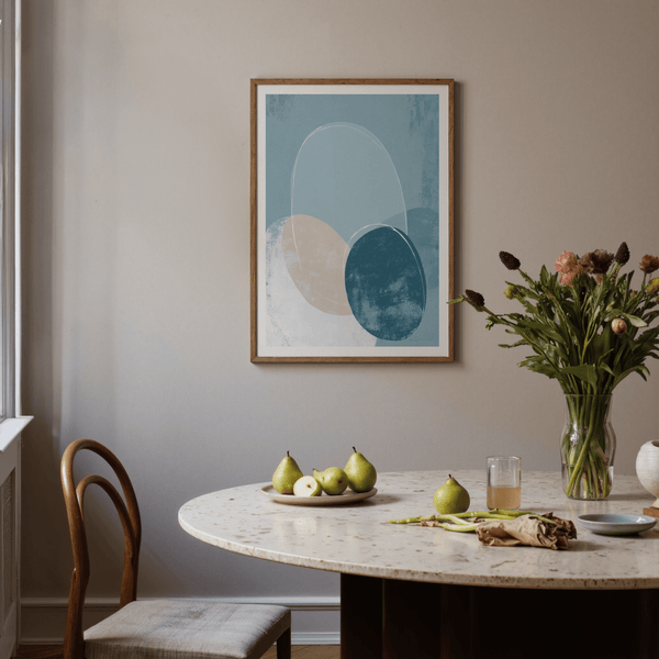 Contemporary geometric poster with Blue, Beige, and White layered discs