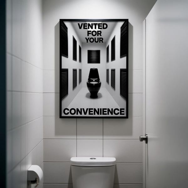 High-contrast black toilet in a vent-lined hallway, modern Bathroom Funny Print.