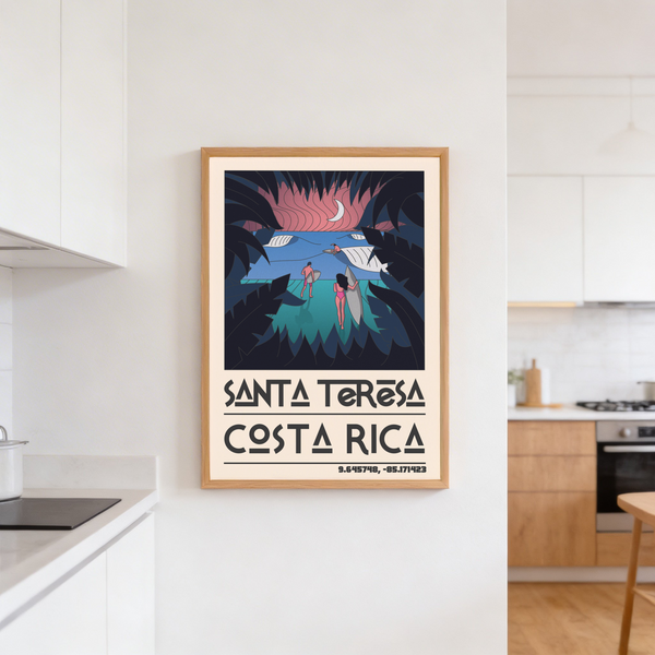 Graphic palm fronds framing ocean horizon in retro surf poster