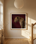 Minimalist leopard profile print with smooth neutral background and subtle border