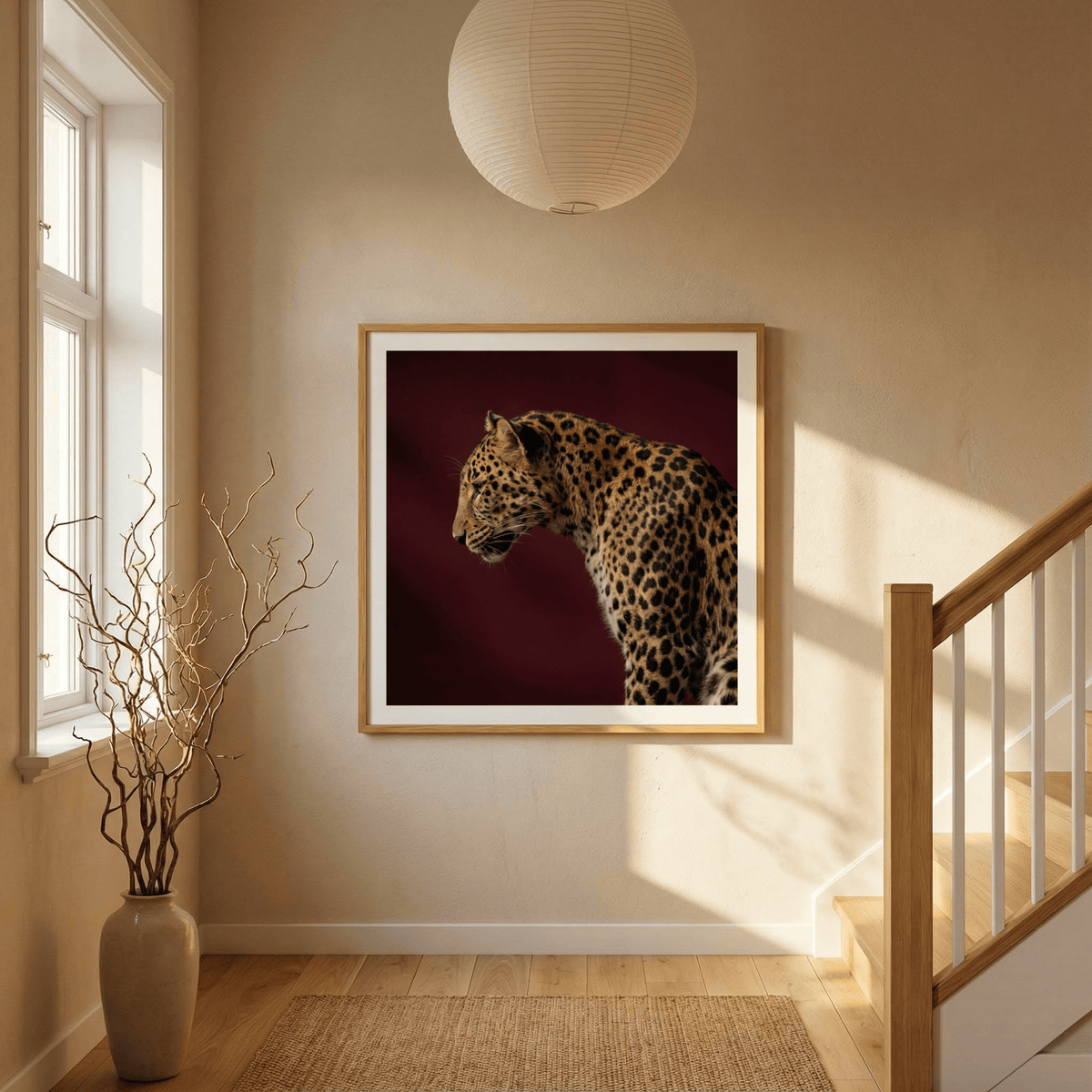 Minimalist leopard profile print with smooth neutral background and subtle border