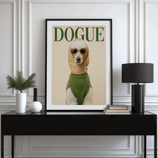 Fashion Poodle Wall Art in beige, white, and green for gallery wall in dining room