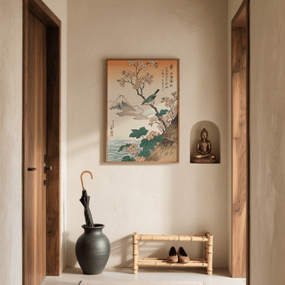 Japanese Cherry Blossom Art designed with orange sky, pink blossoms for calming nursery art