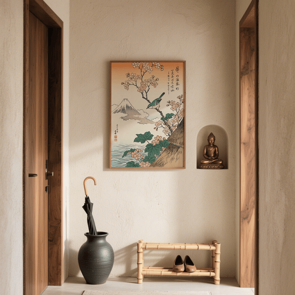 Japanese Cherry Blossom Art designed with orange sky, pink blossoms for calming nursery art