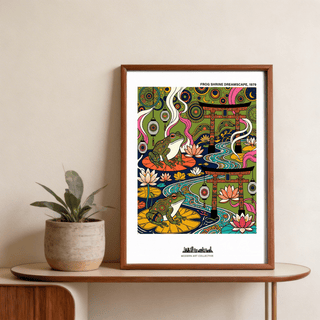 Illustrated frog poster with patterned circles in the sky, torii gates, and lotus flowers