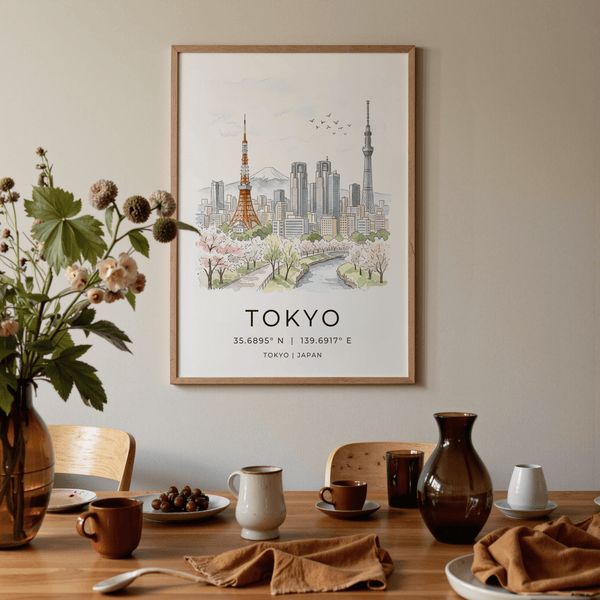 Hand-drawn Tokyo Skyline Art Print wall art with cherry blossoms and skyline silhouettes