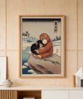 Punch Monkey Poster print of cuddling primates on a winter shoreline