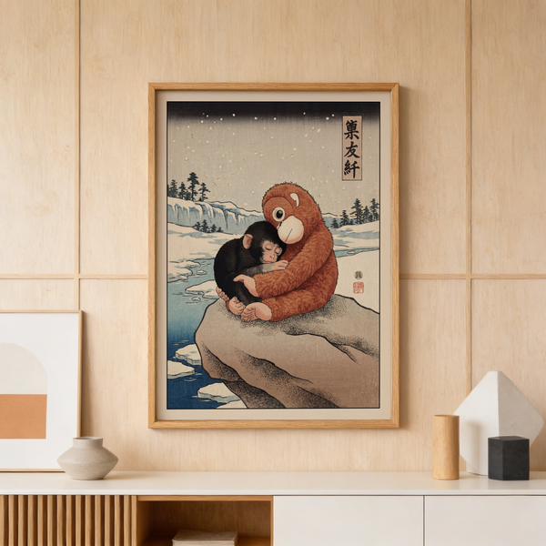 Punch Monkey Poster print of cuddling primates on a winter shoreline