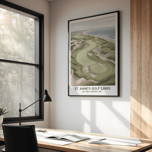 Minimalist Coastal Golf Landscape poster showing seaside fairways and sand traps