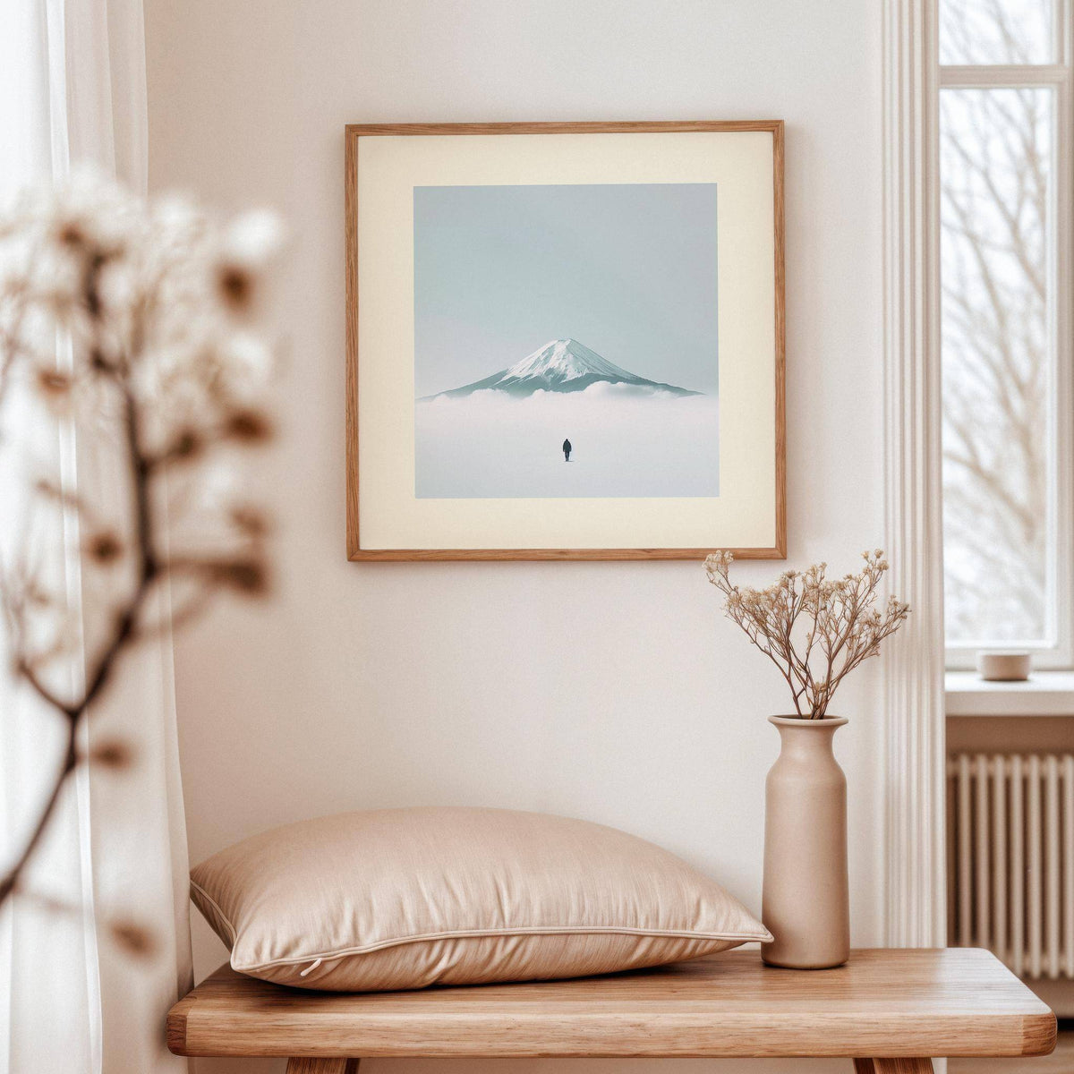 Soft-toned japan travel poster of misty Mount Fuji for bedroom walls