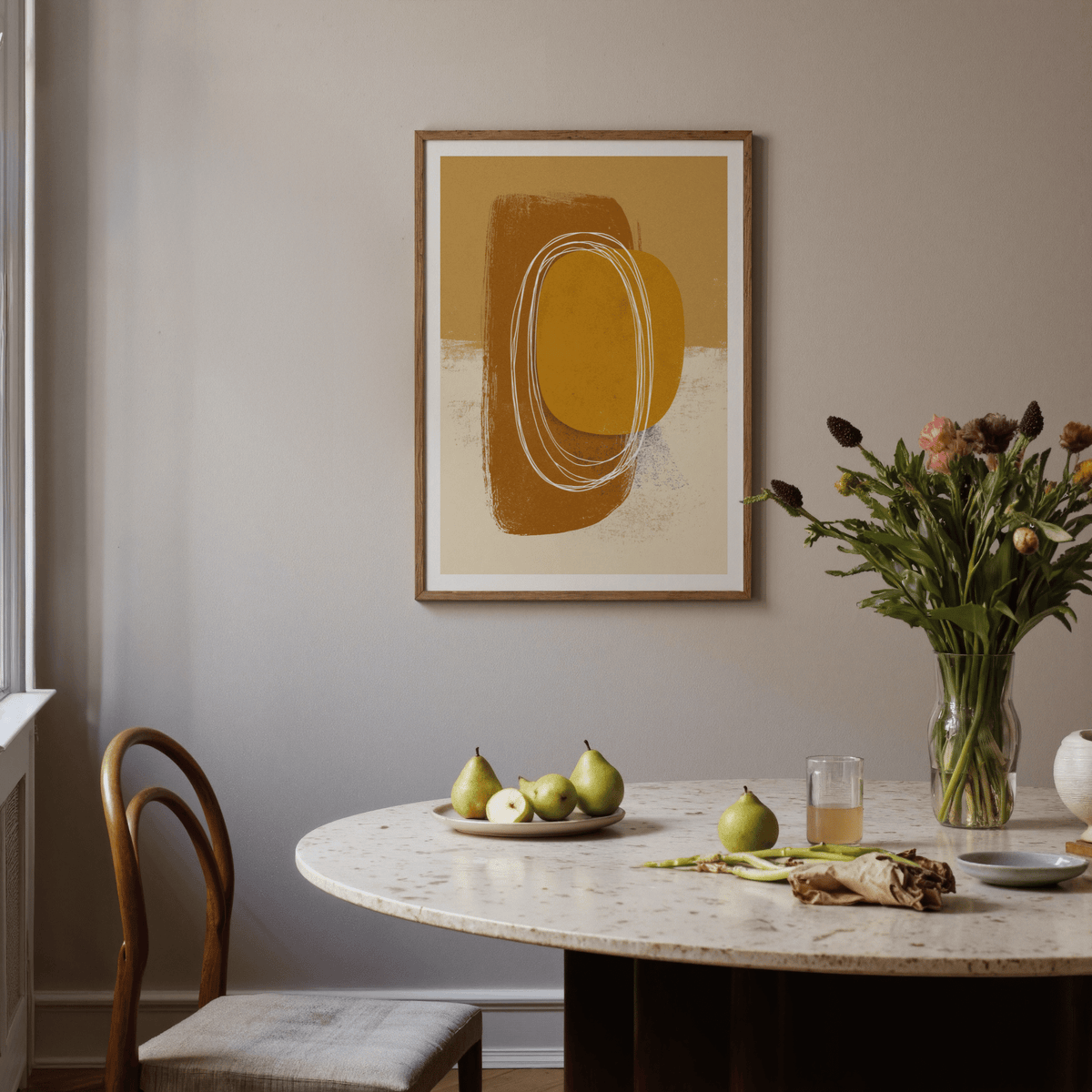 Graphic wall art with textured rectangle behind organic shape