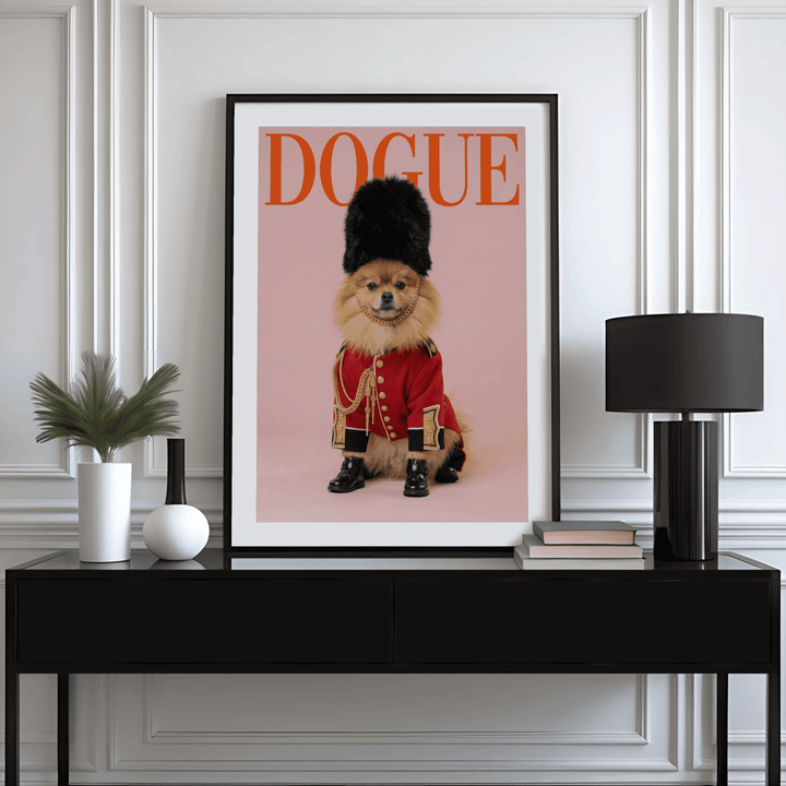 Pomeranian Poster Print framed print on a black sideboard with a lamp and plant in a white room
