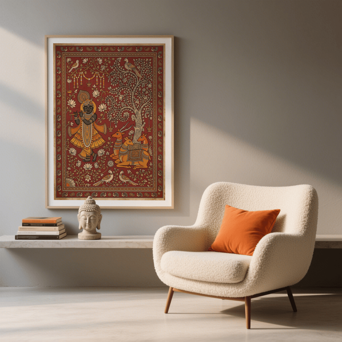 Detailed Indian Folk Art Print with central tree, birds, and decorative floral elements