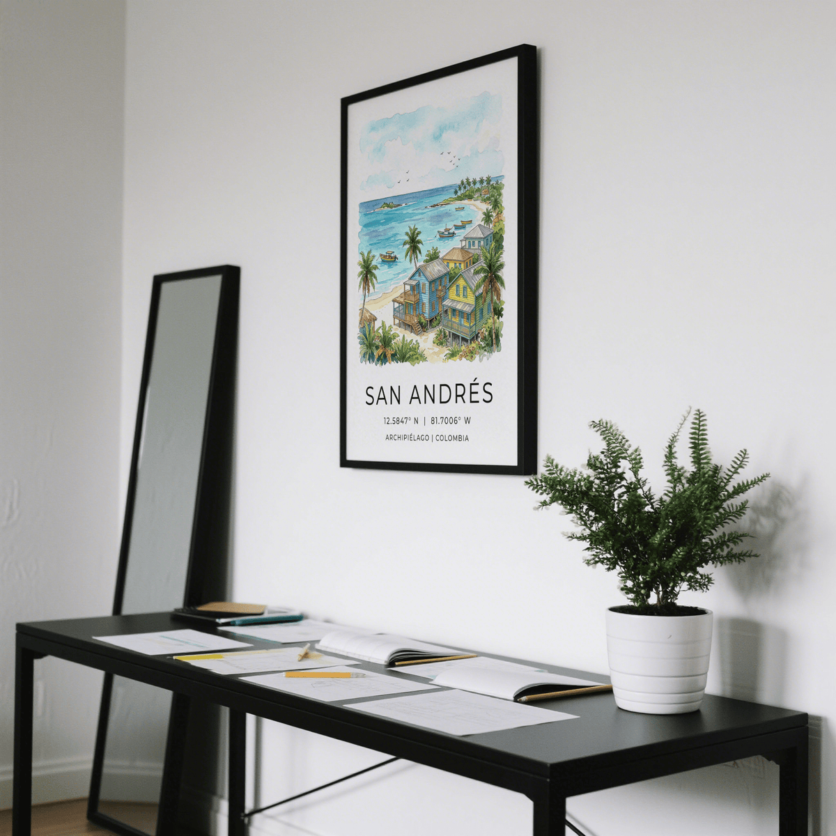Illustrated shoreline wall art print showing palm trees, beach homes, and anchored boats
