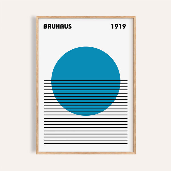 Minimalist art print with blue circle and black lines