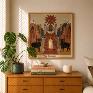 Vintage-style tarot wall art showing emperor with scepter, mountains, and trees