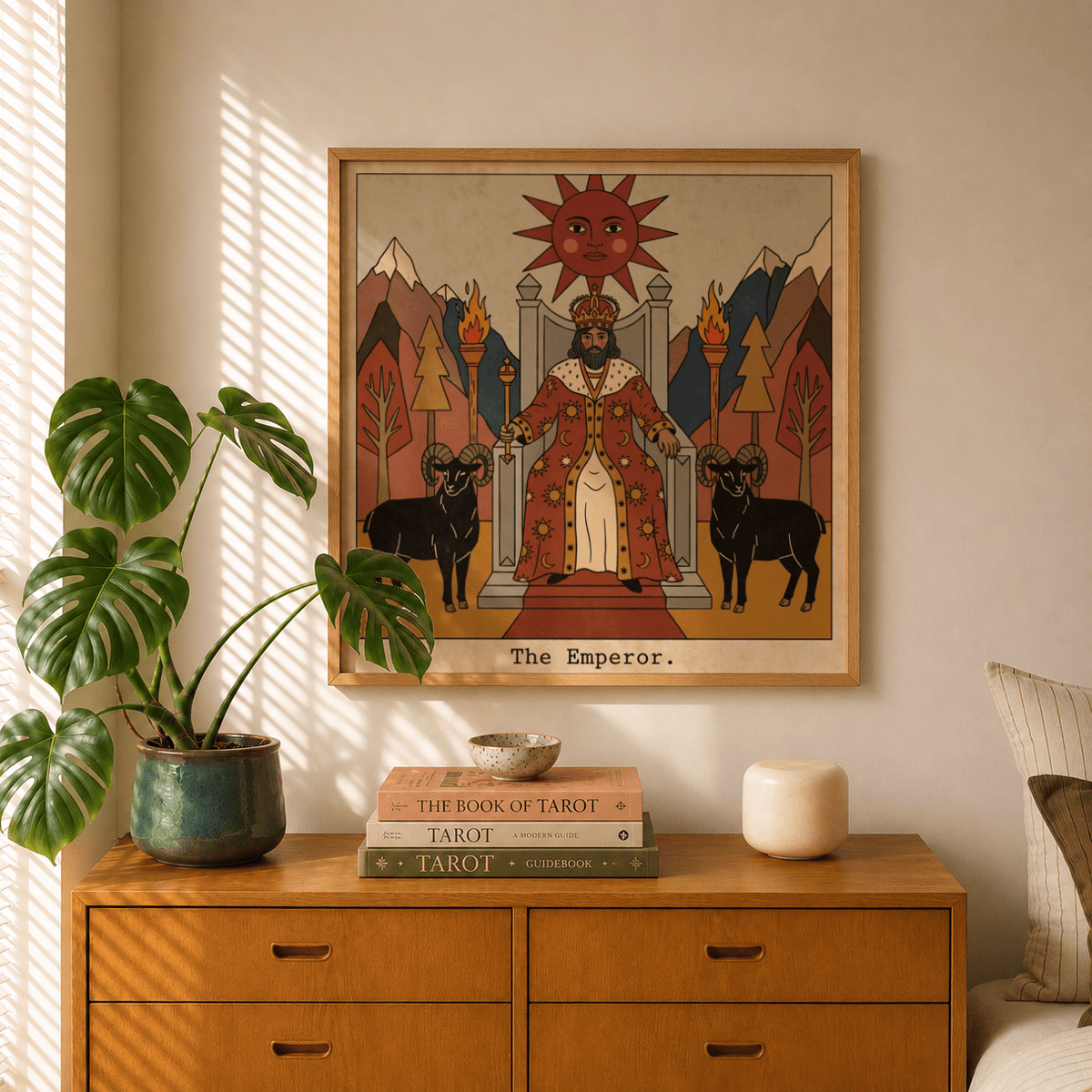 Vintage-style tarot wall art showing emperor with scepter, mountains, and trees