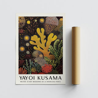 Coral reef painting in gold, red, and green ocean-inspired design.
